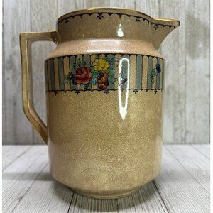 Vintage Beaumont Pottery Pitcher Jug Floral Band Crackle Glaze 7'' Tall
